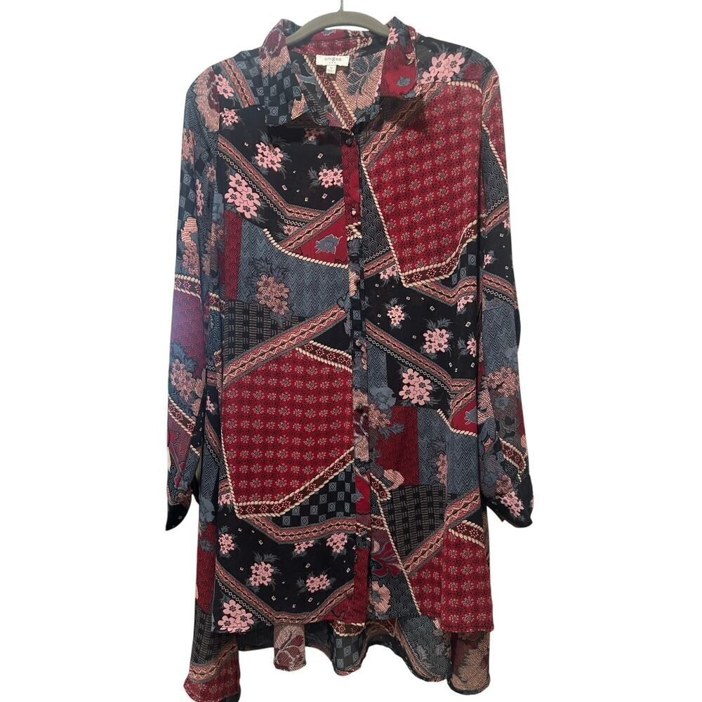 Umgee BOHO Patchwork Oversized Tunic Dress Button Shirt Sheer Floral Sz Medium